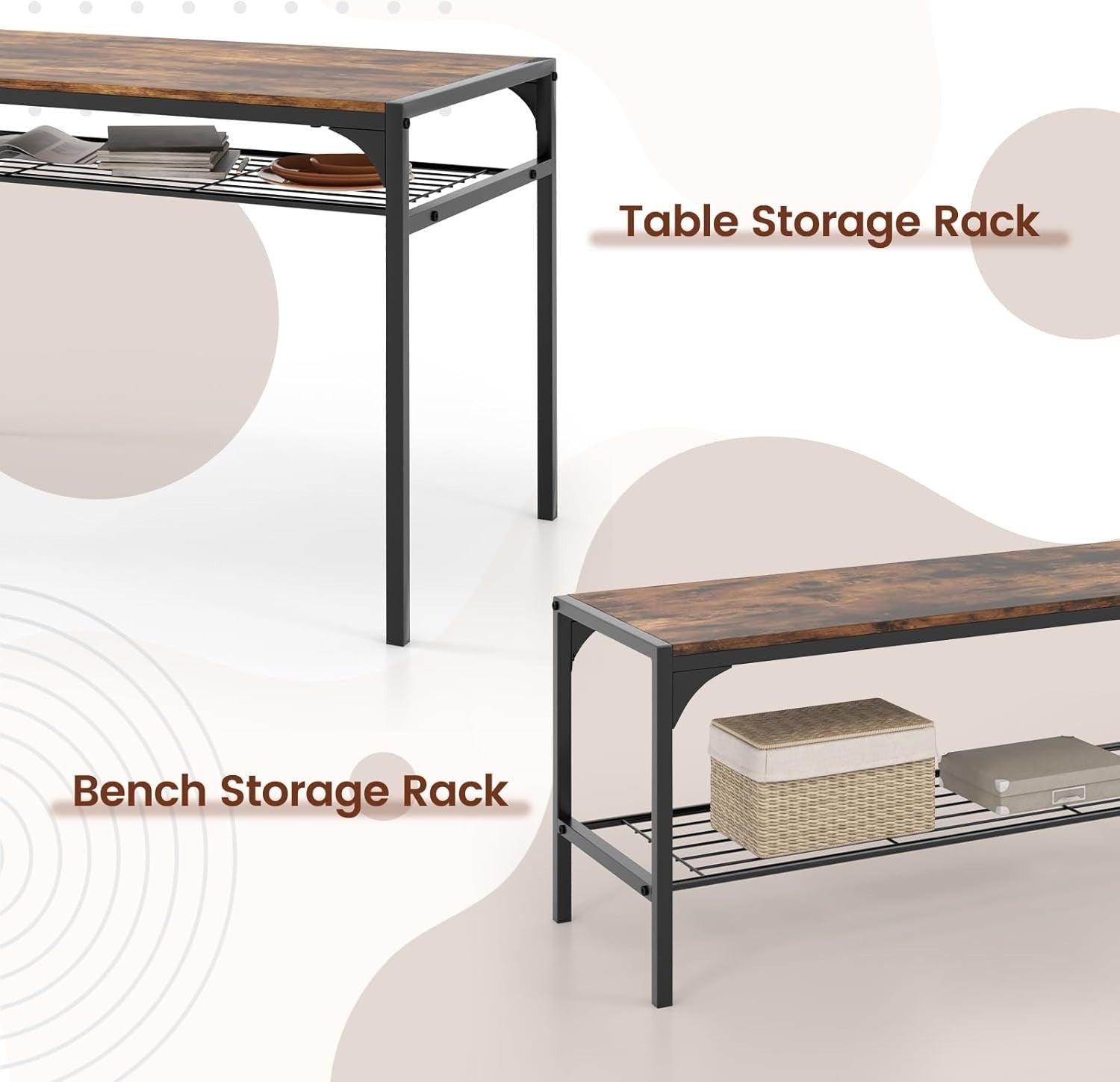 Dining Table Set with 2 Chairs & Storage Bench Rustic Brown for Small Space