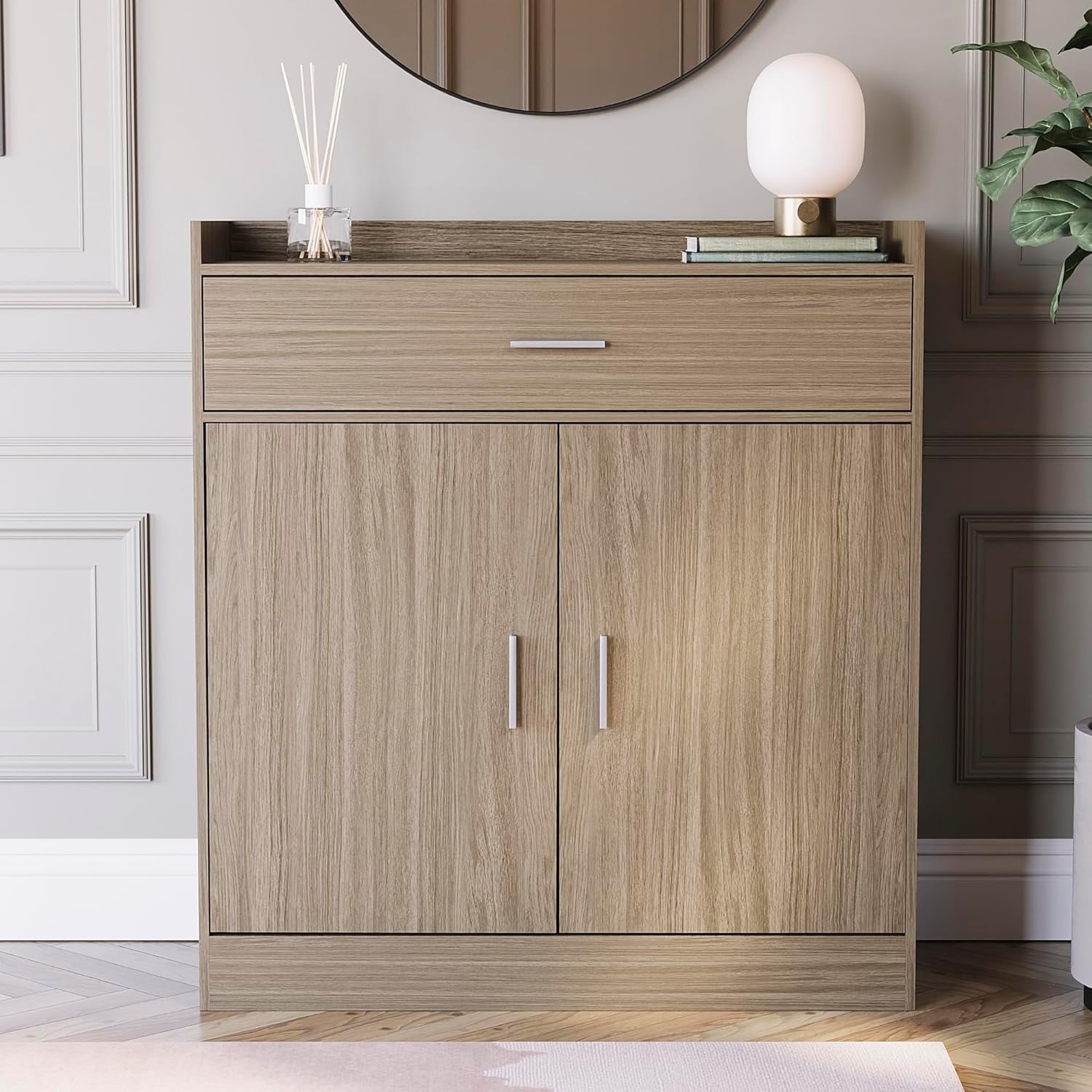 Modern Oak Shoe Cabinet 2 Door 1 Drawer Cupboard Hallway Storage Unit