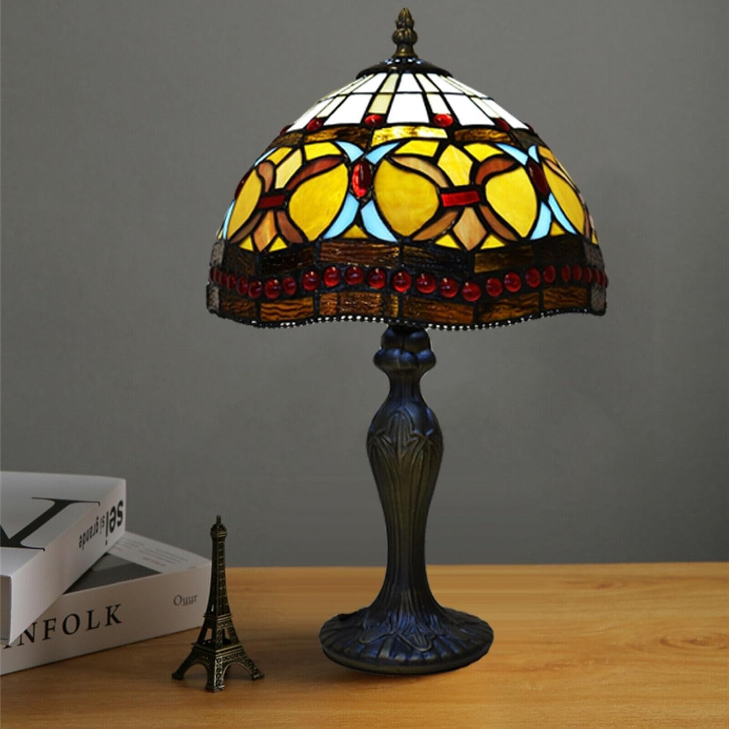 Antique Floral Tiffany Table Lamp, Stained Glass Shade, 42cm Height