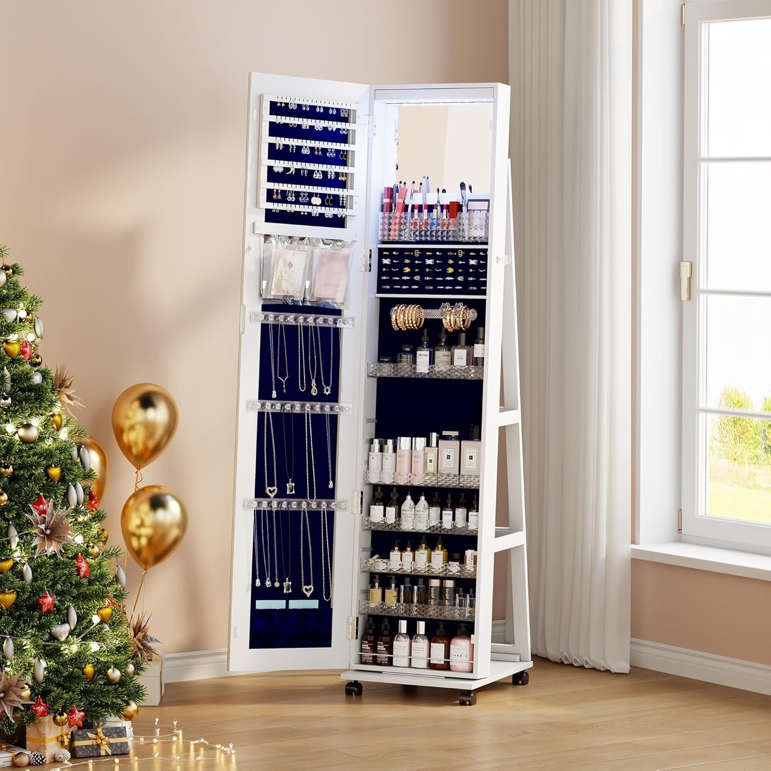 White 360° Rotating Jewellery Cabinet Full Length Mirror with Wheels