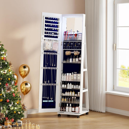 White 360° Rotating Jewellery Cabinet Full Length Mirror with Wheels