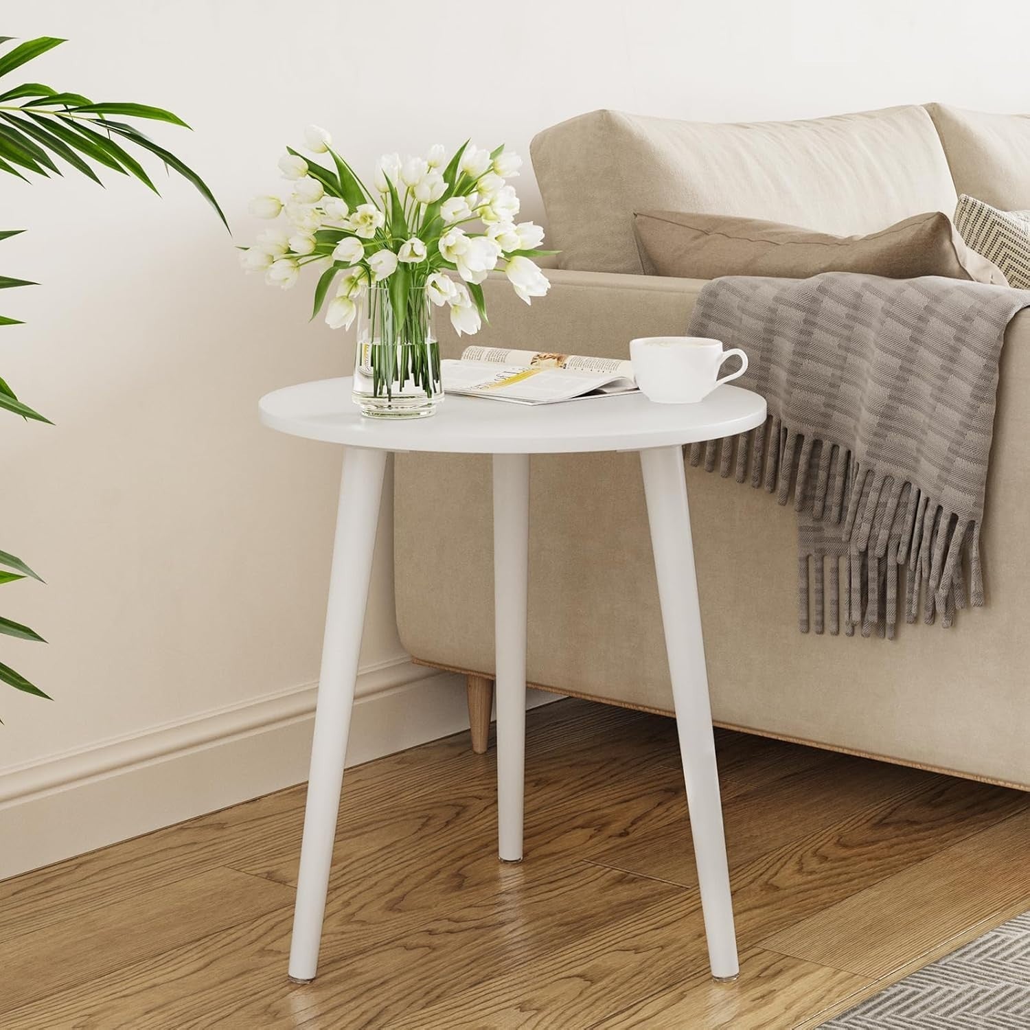 Small White Round Side Table 42x42x51cm, Sturdy Iron Legs, Easy Assemble