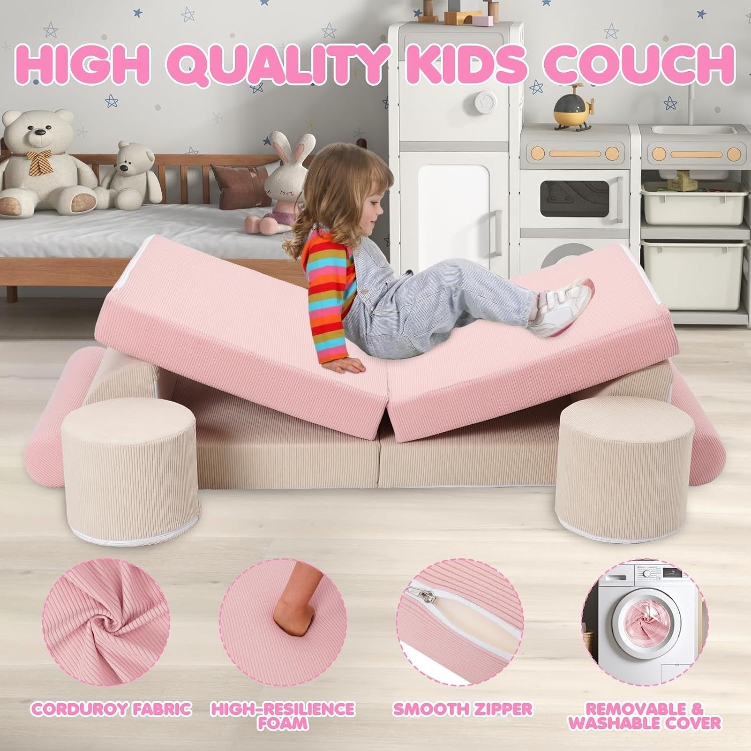 10PCS Kids Modular Sofa Bed Convertible Play Couch Armchair Foam Set Pink Beige
