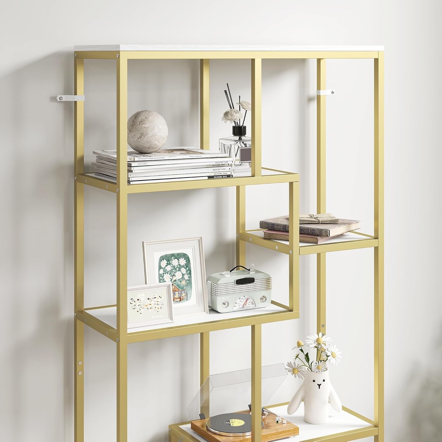 7-Tier Gold Geometric Bookcase | Modern Display Shelf Unit for Living Room & Off
