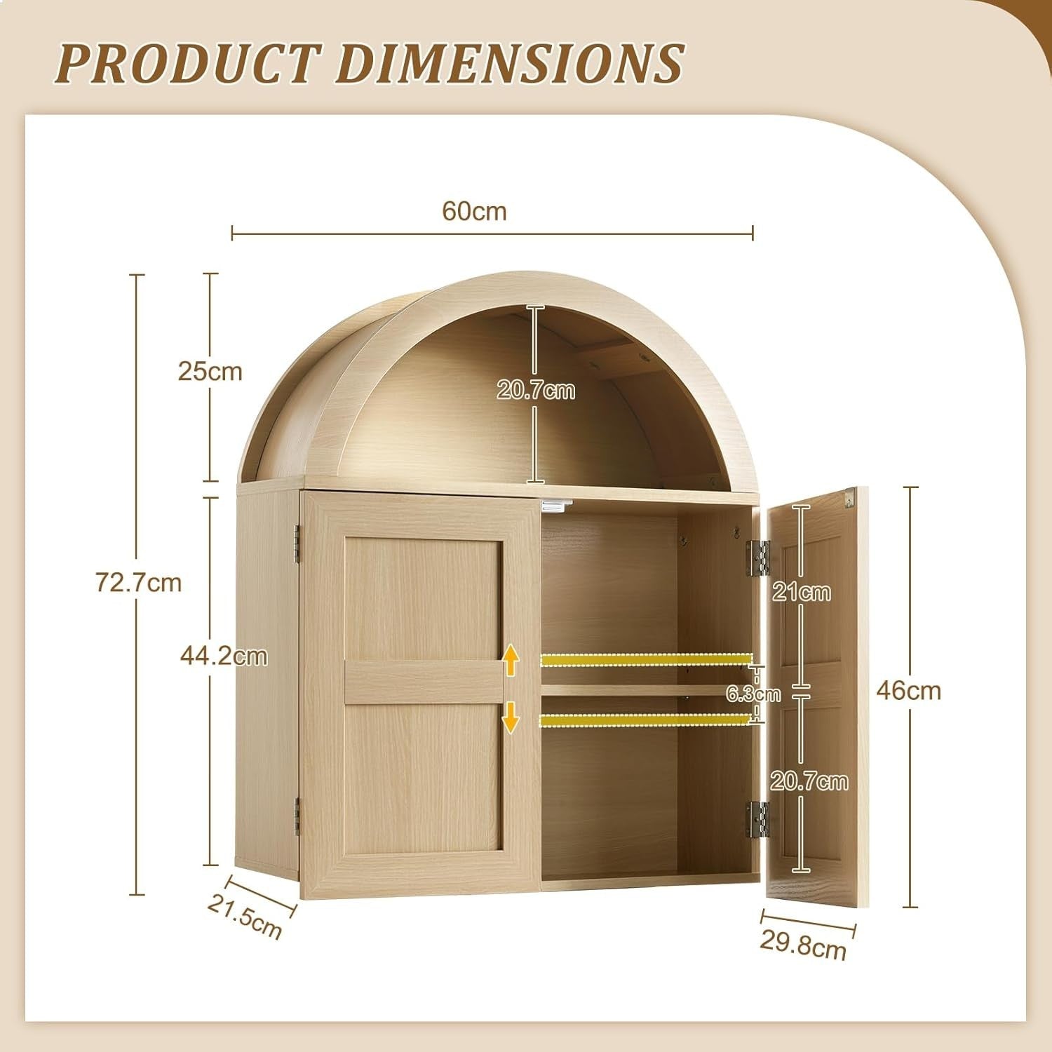Deep Bathroom Wall Cabinet with Adjustable Shelves & Double Doors, 60x72cm
