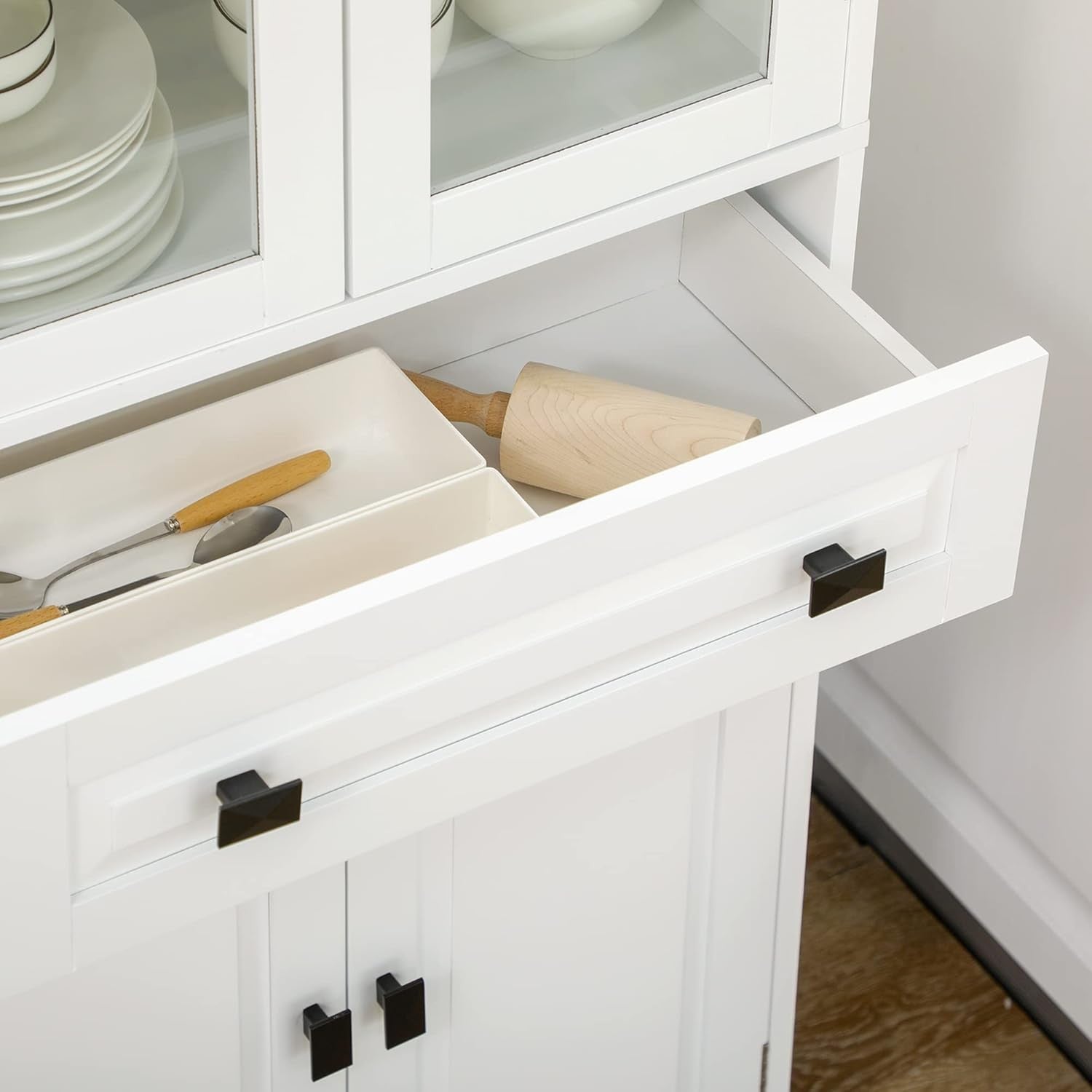 Tall White Kitchen Storage Cabinet Cupboard with Drawer & Glass Doors 160cm