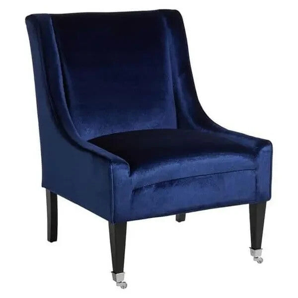 Blue Velvet Accent Chair with Tufted Back & Rubberwood Legs Armchair