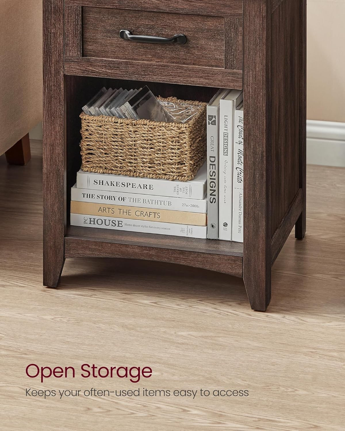 Farmhouse Bedside Table with Charging Station, Drawer & Open Shelf – Maroon Brow