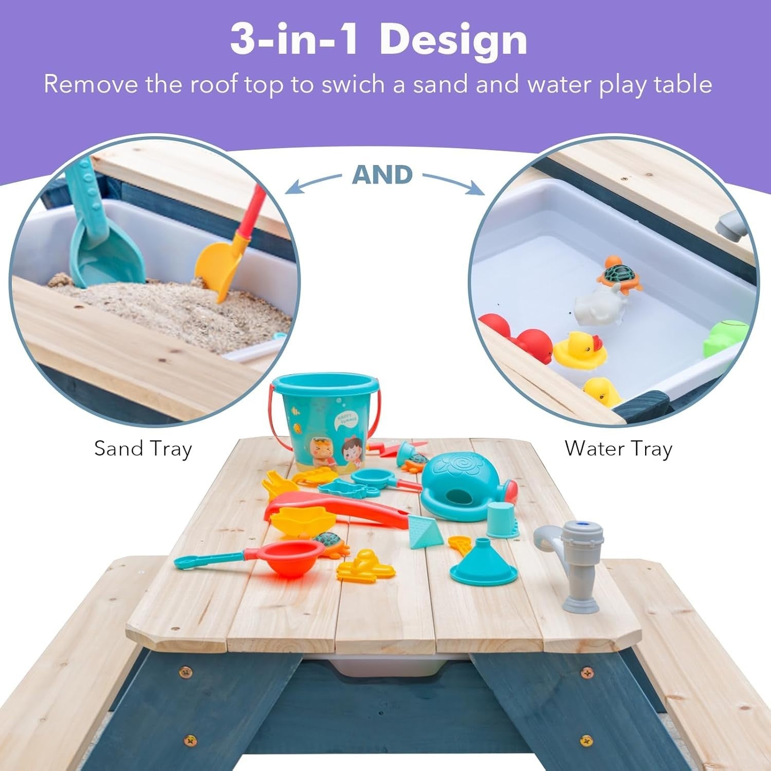 Kids 3in1 Sand & Water Activity Table Wooden Picnic Bench Blue Orange