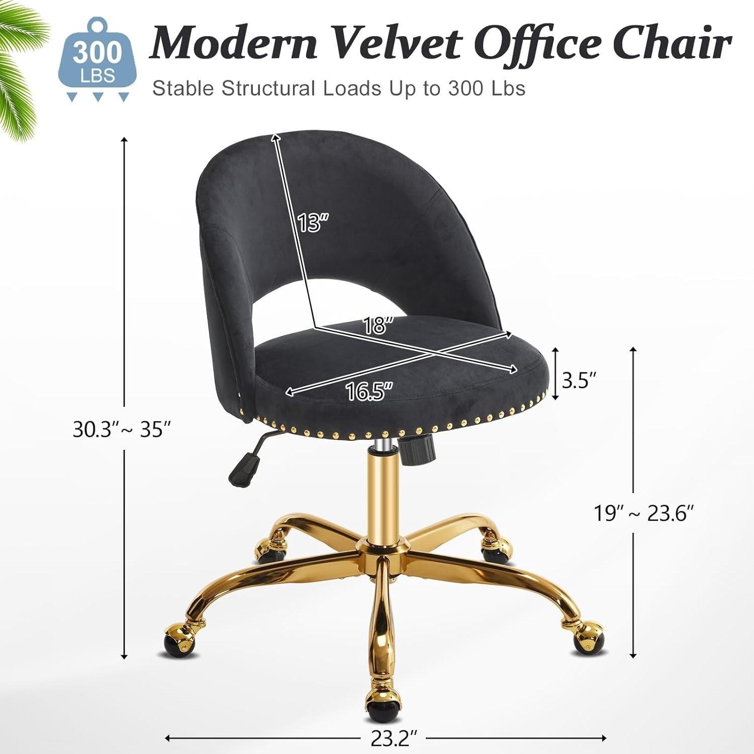 Black Velvet Swivel Vanity Chair – Adjustable Height Desk & Makeup Seat