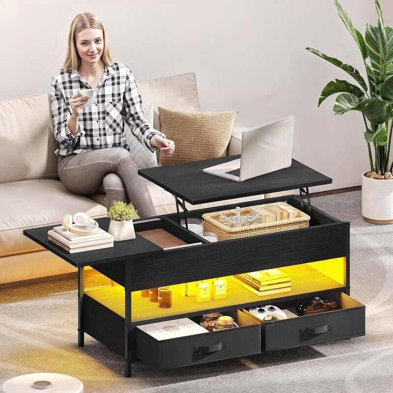 Height Adjustable Coffee Table with Storage Drawers & LED Lights Black