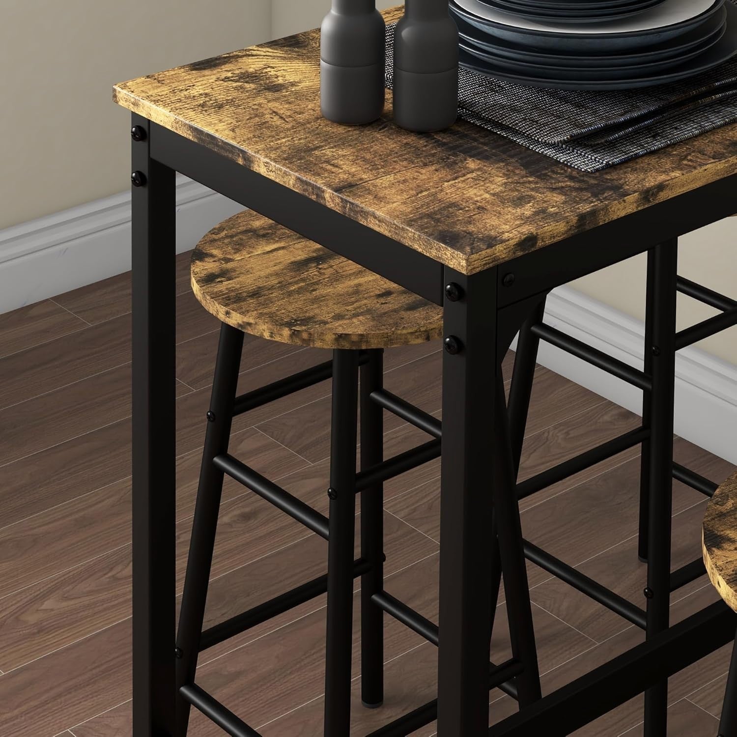 5-Piece Bar Table Set with 4 Stools, Rustic Brown Space-Saving Dining Set