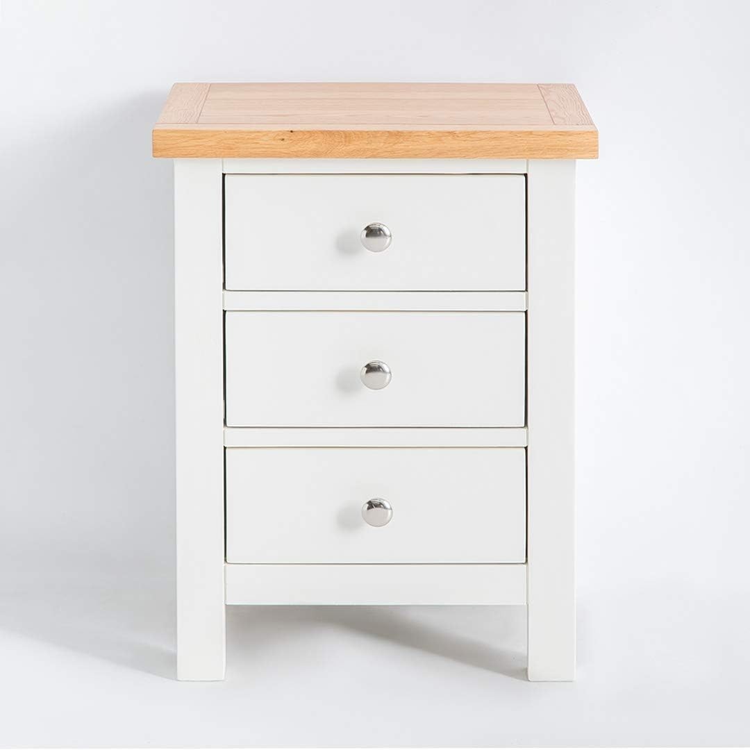 White 3 Drawer Bedside Table with Oak Top | Solid Wood Storage Unit