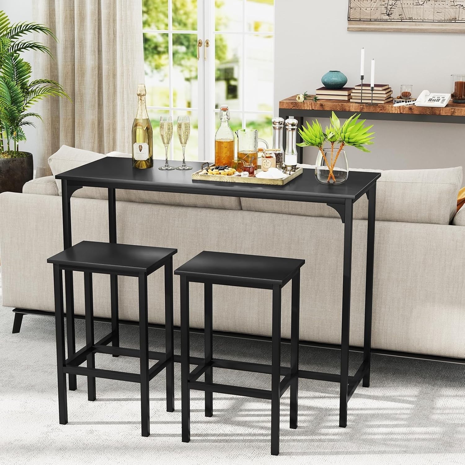 3-Piece Black Bar Table Set with 2 Stools, Metal Frame Space Saving Dining Set