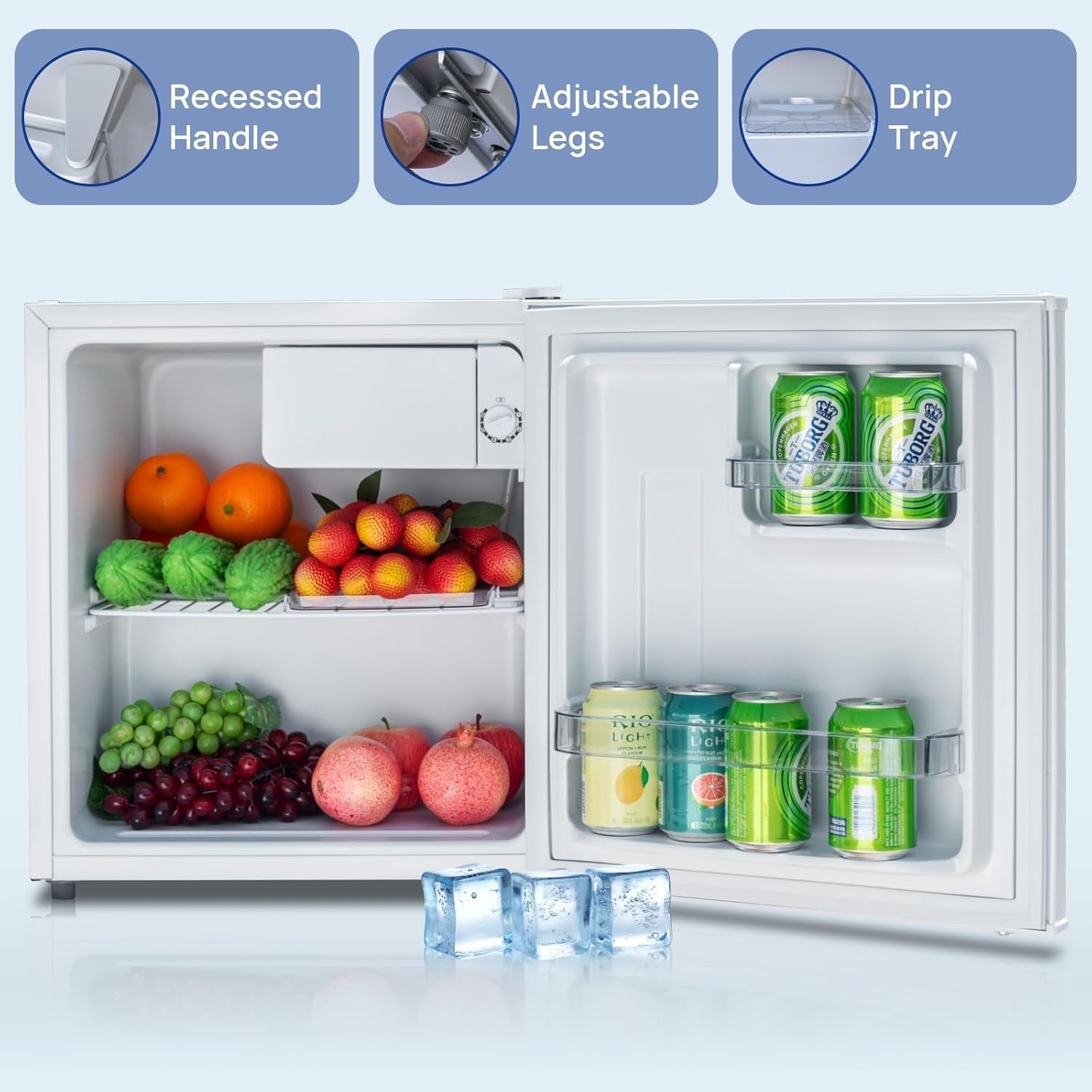 48L Mini Fridge Table Top Quiet Drinks Cooler Reversible Door White