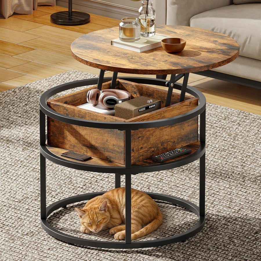 Round Lift Top Coffee Table with Hidden Storage, Small Space Metal Frame