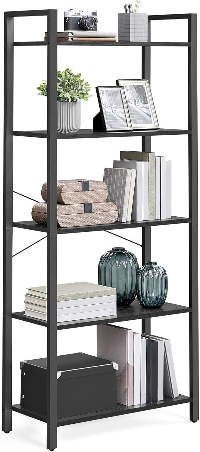5-Tier Industrial Black Bookcase – Wide Storage Shelf for Home & Office