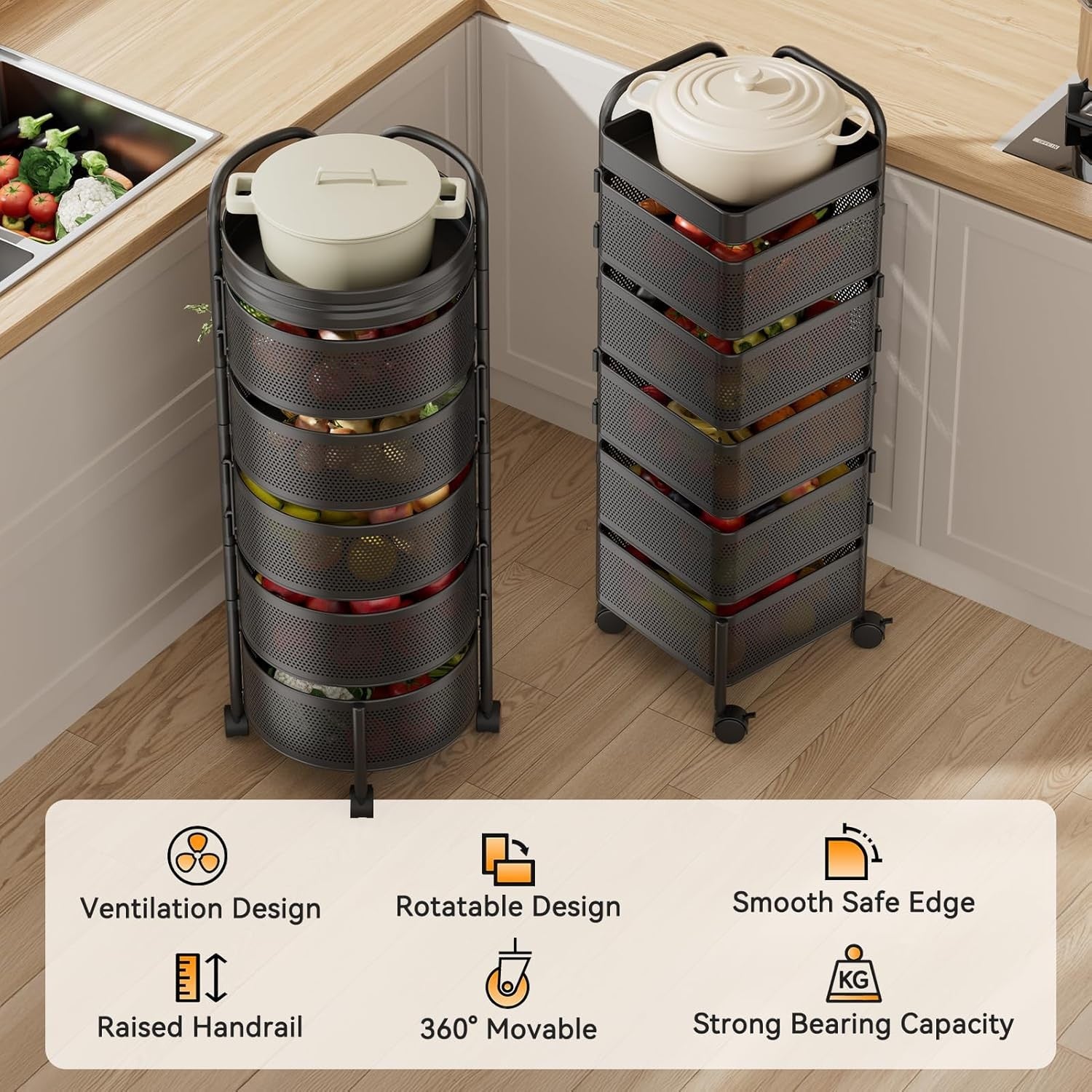 5 Tier Rotating Kitchen Trolley on Wheels Square Storage Rack Pantry Organiser