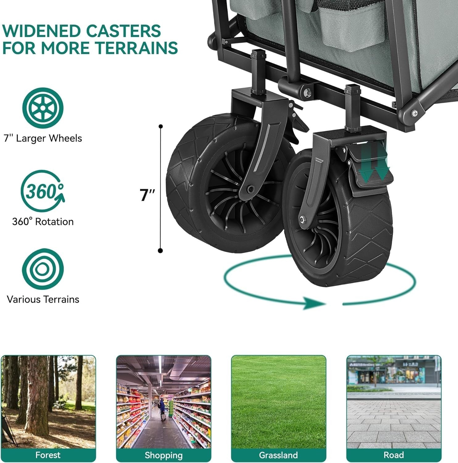 Grey Folding Beach Wagon Cart w/ Table Oversized Wheels Adjustable Handle 220lb