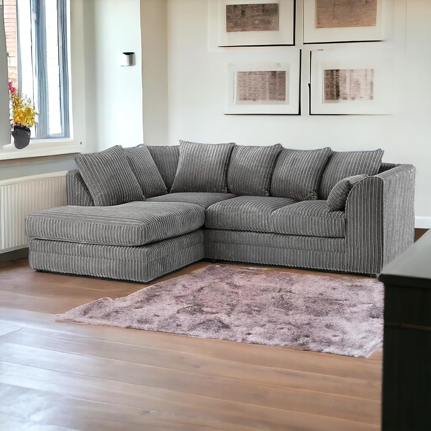 4 Seater Grey Jumbo Cord Scatter Back Left Hand Corner Sofa with Deep Seats