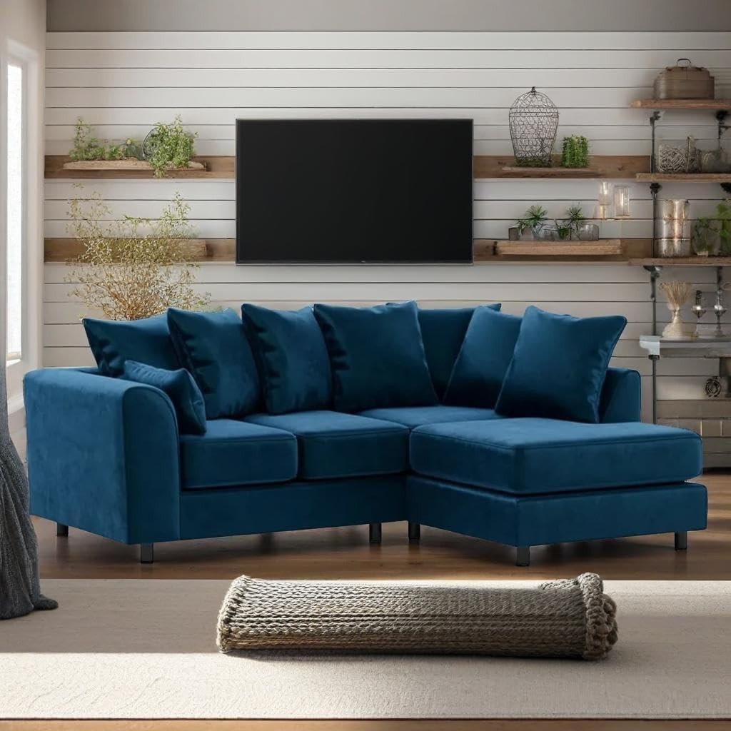 Blue Plush Velvet 4 Seater L Shape Corner Sofa – Modular, Comfy & Stylish