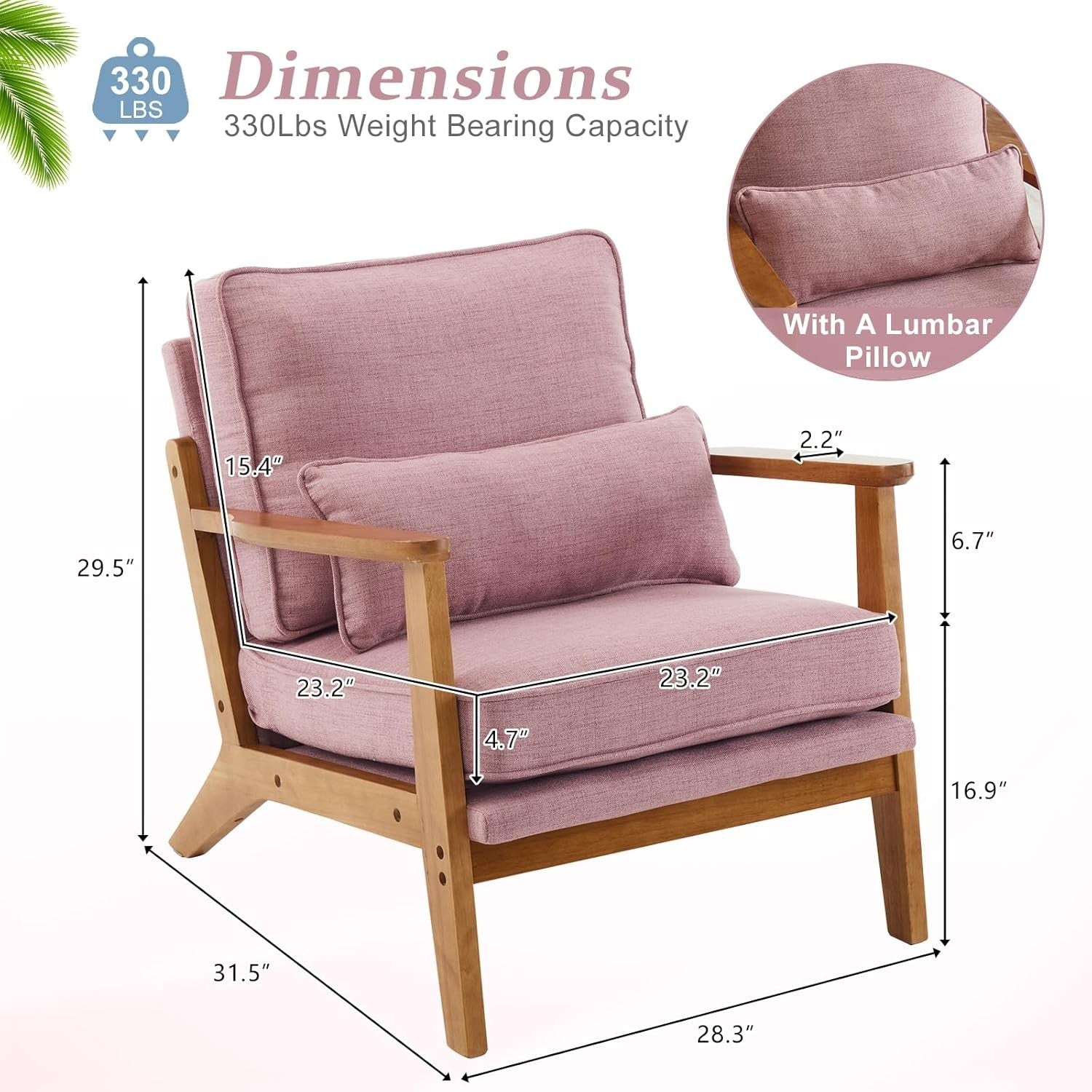 Peach Pink Fabric Accent Chair – Solid Wood Lounge Armchair Wide Arm