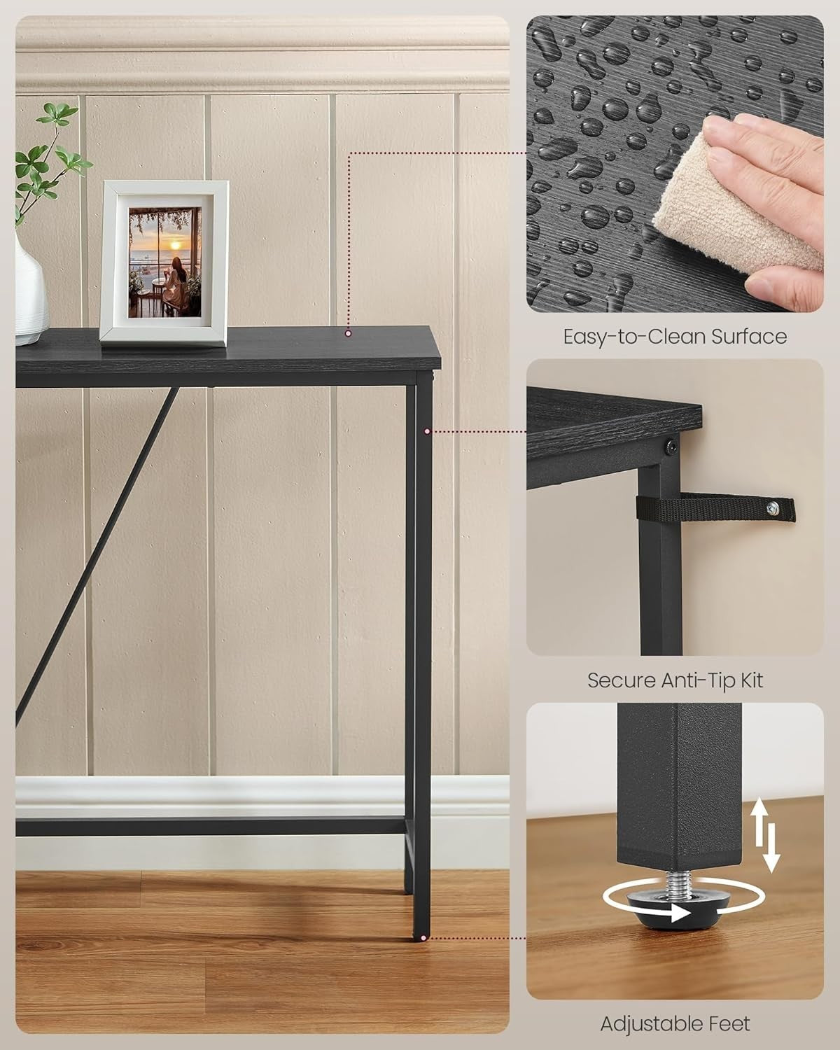 Slim Charcoal Console Table Narrow Hallway Shelf Entry Sofa Table 120cm Metal