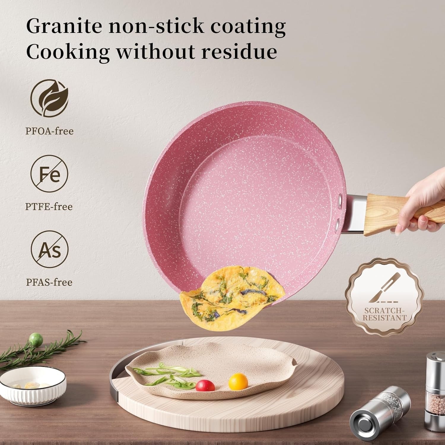 20cm Pink Non Stick Frying Pan Induction Ready Granite Coating PFOA-Free