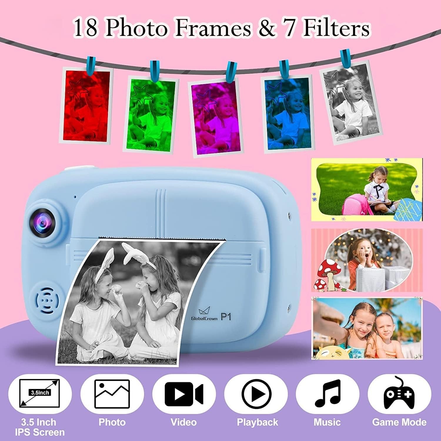 Kids Instant Print Camera 12MP 1080P HD 32GB Card 4 Paper Rolls