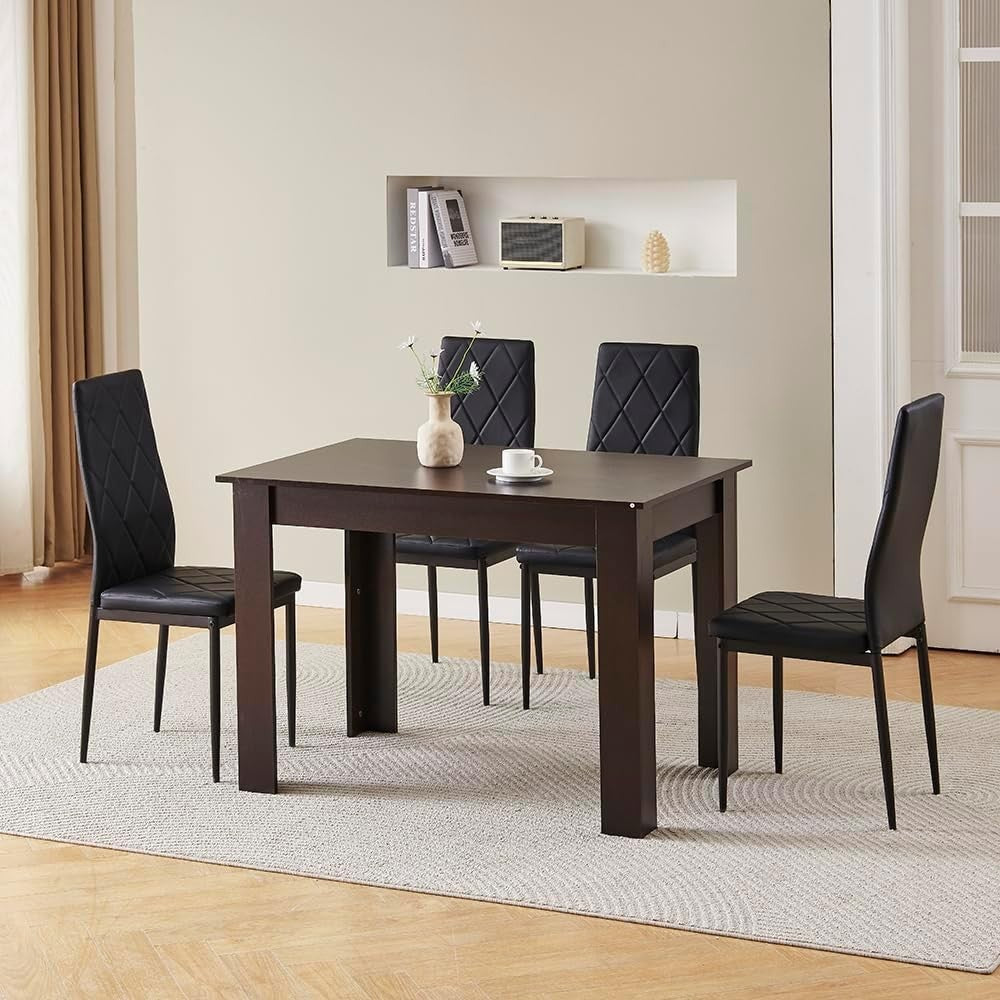 Modern 5 Piece Dining Table Set with 4 Black Leather Chairs for Kitchen