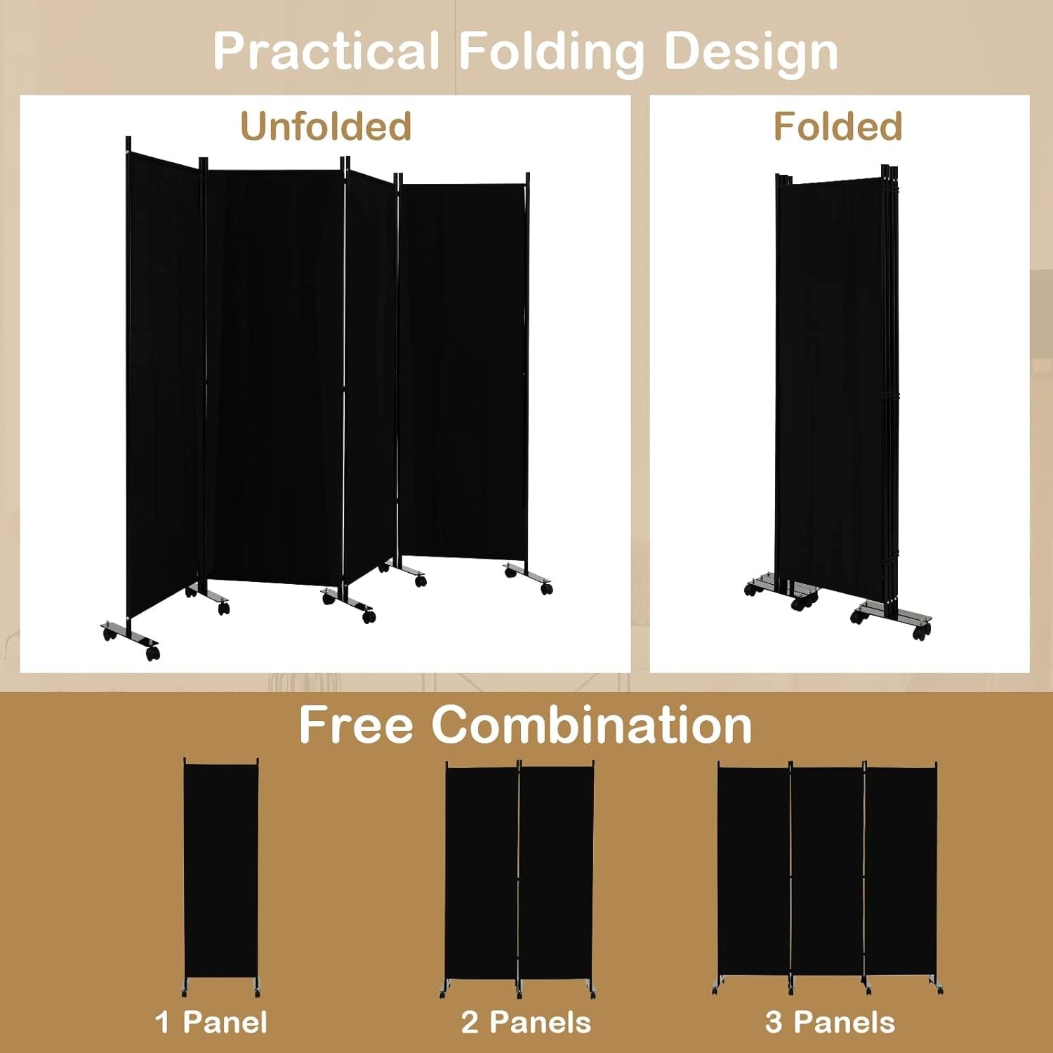4-Panel Black Folding Room Divider 224x30x172cm Privacy Screen Partition