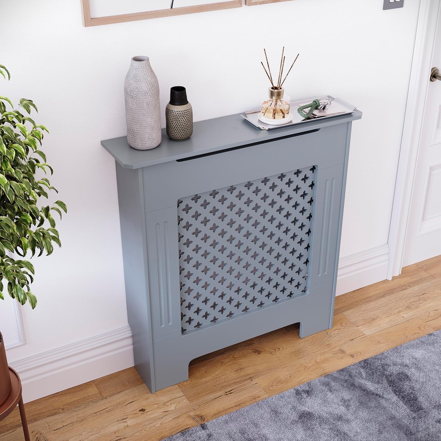 Small Grey Radiator Cover 82x78x19cm Modern Cross Pattern MDF Cabinet