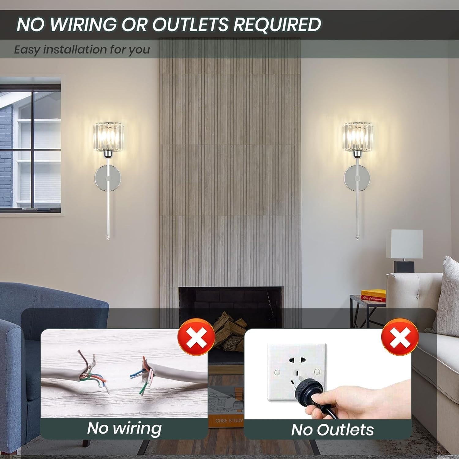 Silver Crystal Wall Sconces Set of 2 Wireless 10000mAh Lights with Remote