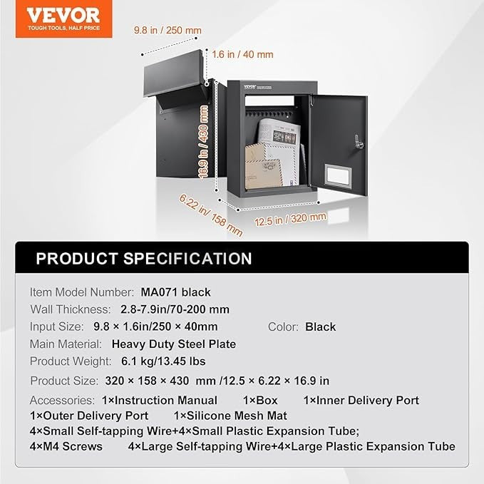 Secure Wall Mounted Mail Drop Box Rainproof Steel Lockbox 12.5x6.3x16.9" Black