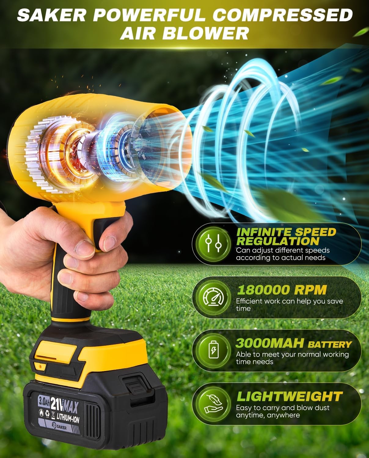 Cordless Leaf Blower 180000RPM Adjustable Speed with 2 Batteries Portable