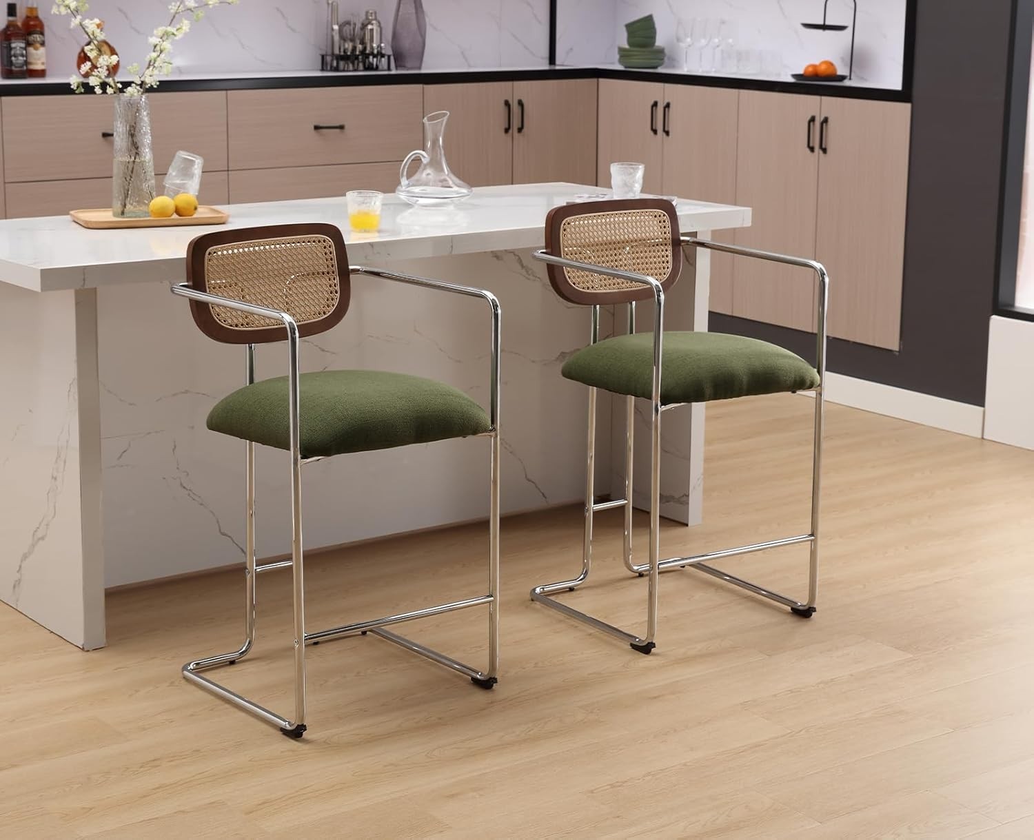 Bar Stools Set of 2 Green Linen Rattan Back Counter Chairs