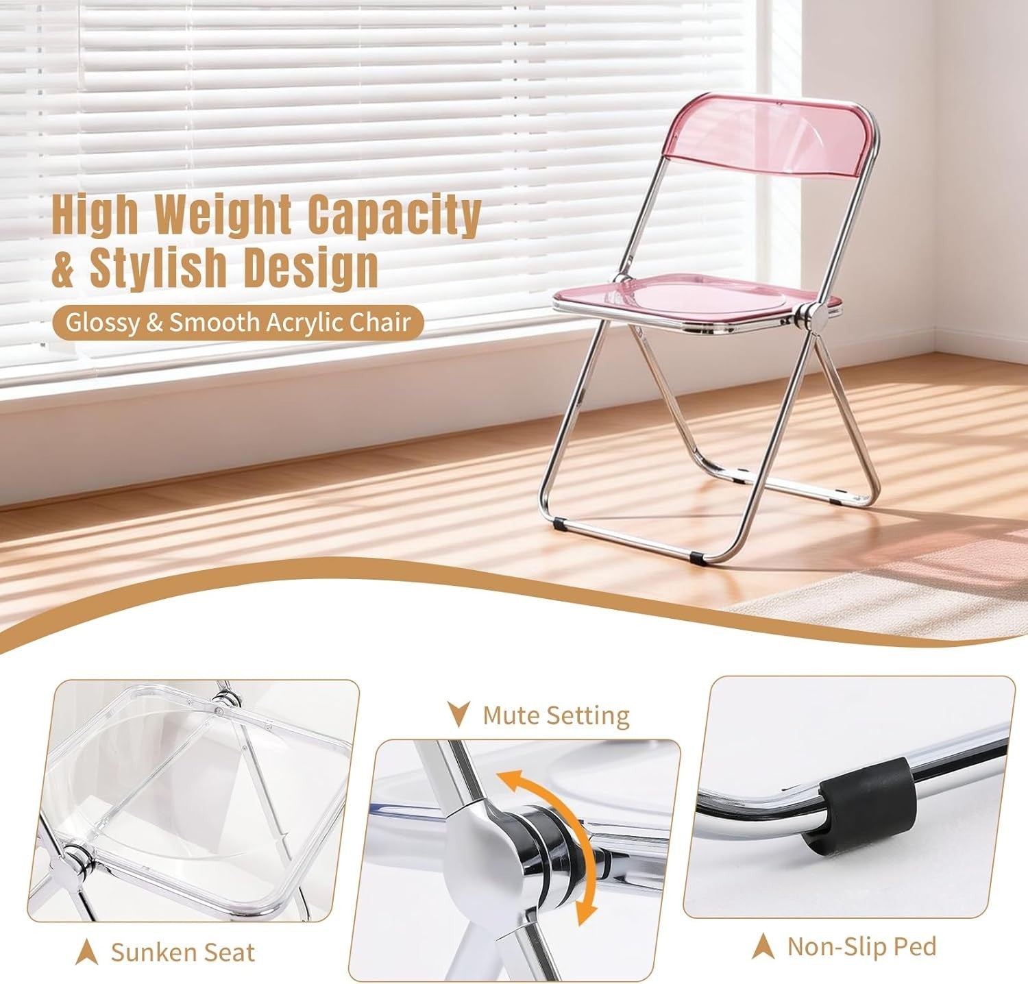 Pink Acrylic Folding Chair Clear Seat Chrome Frame Stackable Vanity Dining