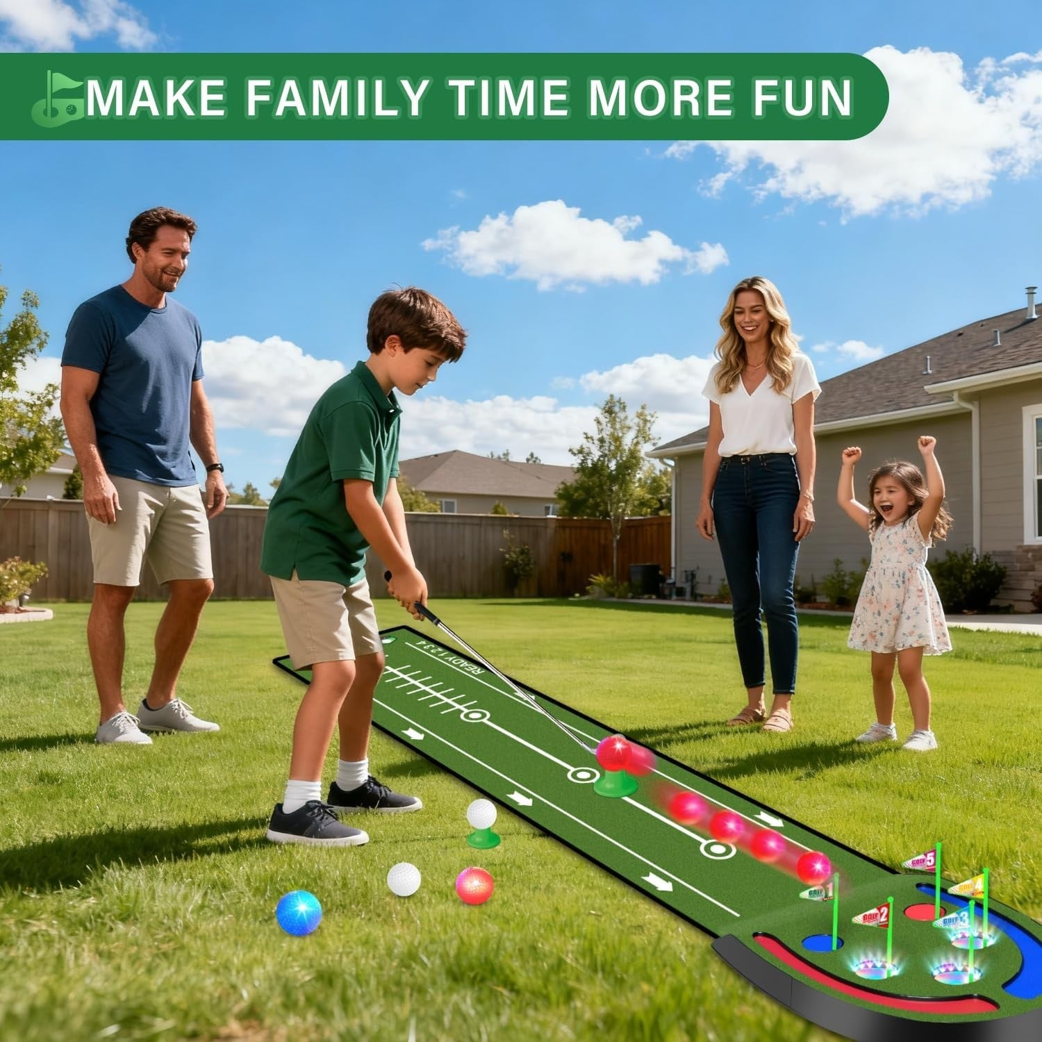 Indoor Golf Putting Mat Game Set LED Balls Glow Cups Kids Adults