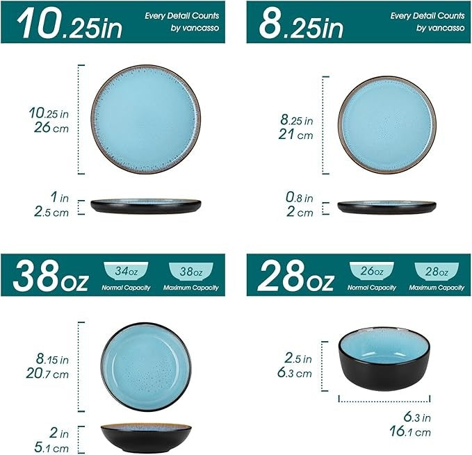 24pc Blue Stoneware Dinner Set Plates Bowls Reactive Glaze Service for 6