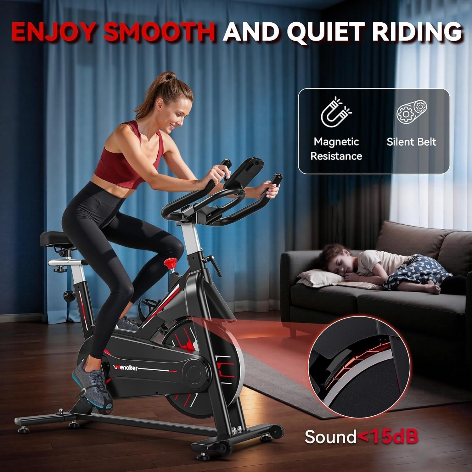 Magnetic Silent Spin Bike w/ LCD Display, Heavy Flywheel, APP Support & Holder