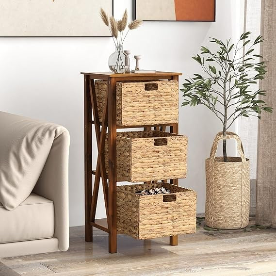 Tall Wooden Bedside Table with 3 Seagrass Baskets | Slim Rustic 3-Tier