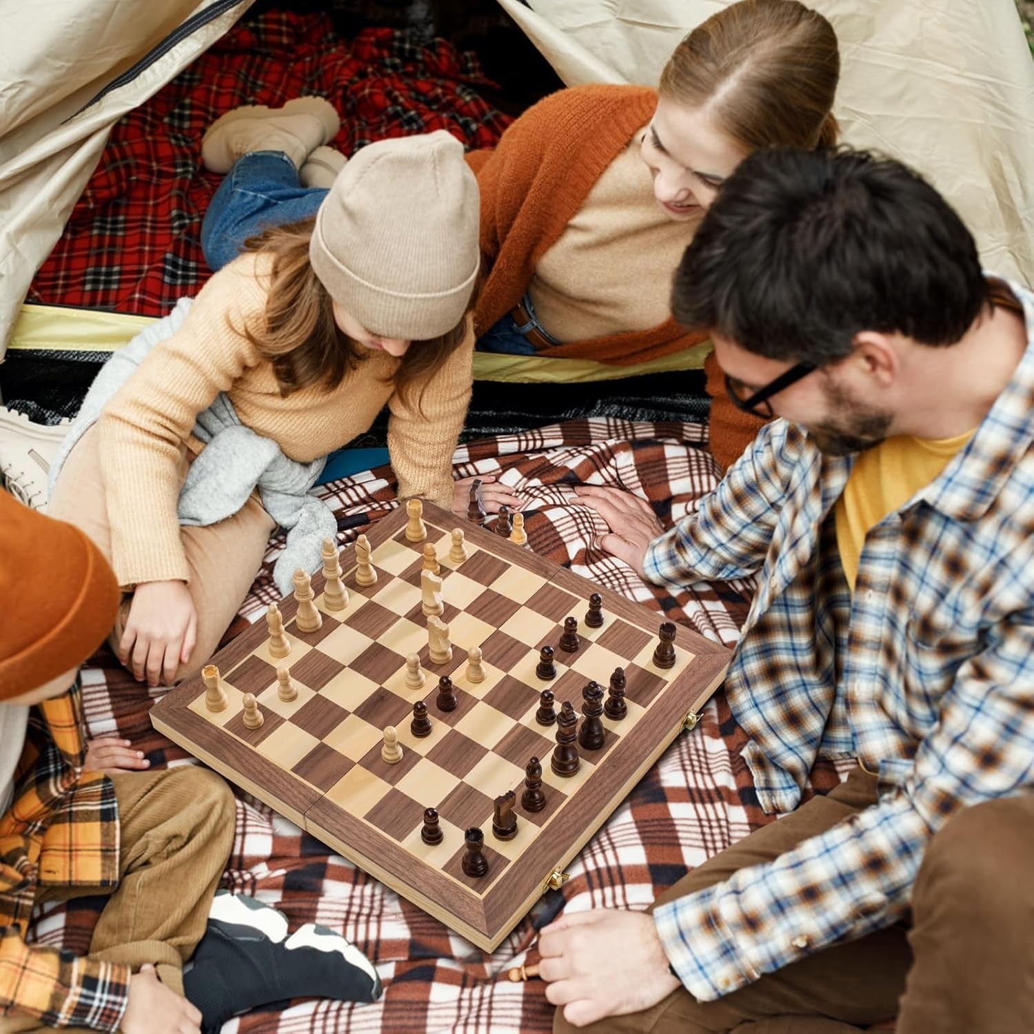 15" Magnetic Wooden Chess Set Folding Staunton Board with Storage & Bag