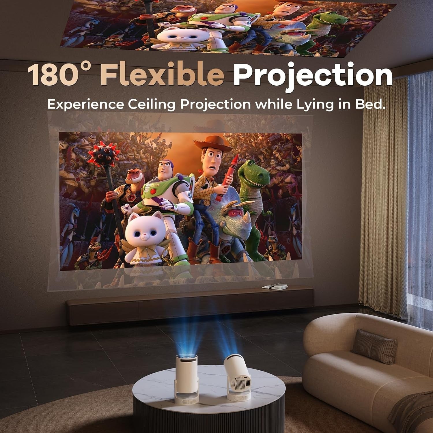 1080P Smart Mini Projector WiFi 6 Bluetooth 4K Support 180° Auto Keystone