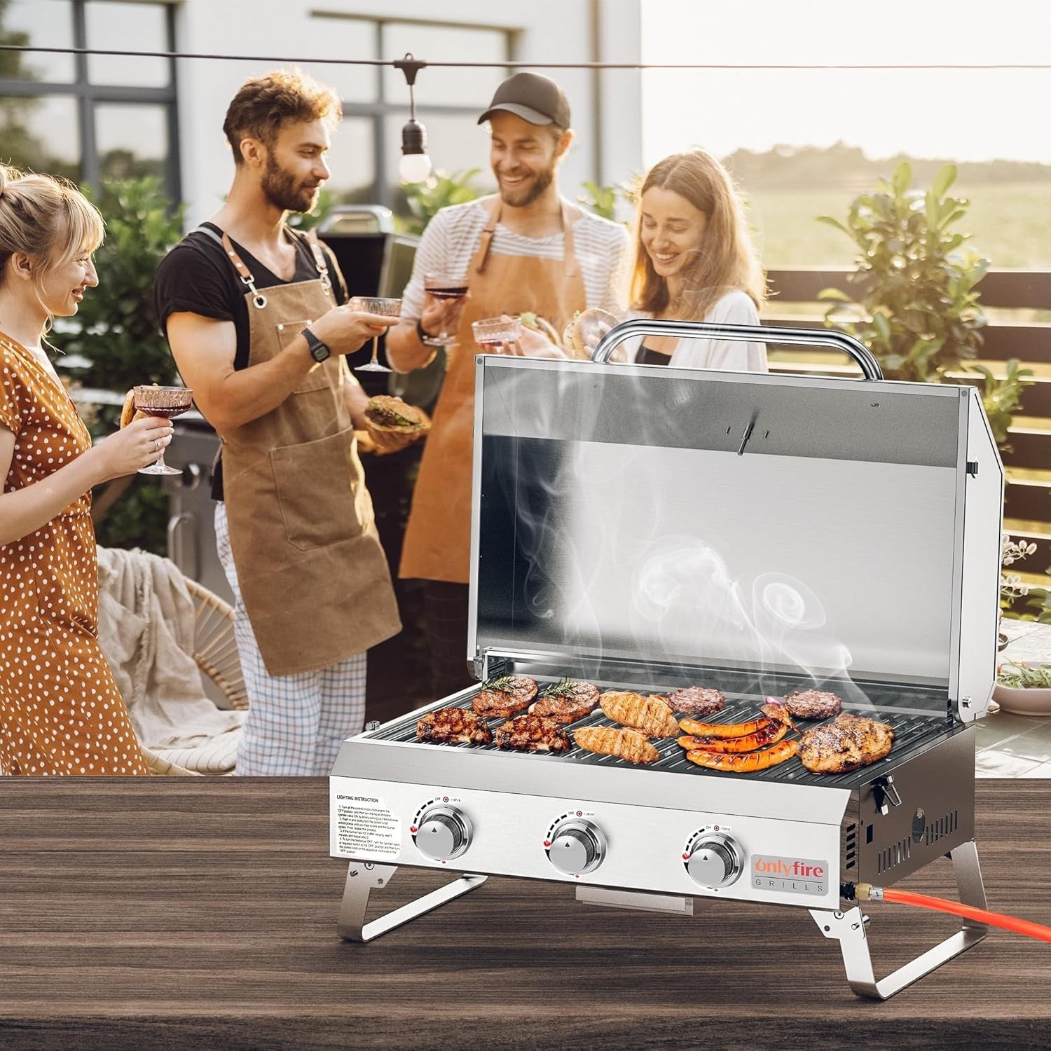 3 Burner Portable Gas BBQ Grill Stainless Steel Tabletop Outdoor Camping Cooker