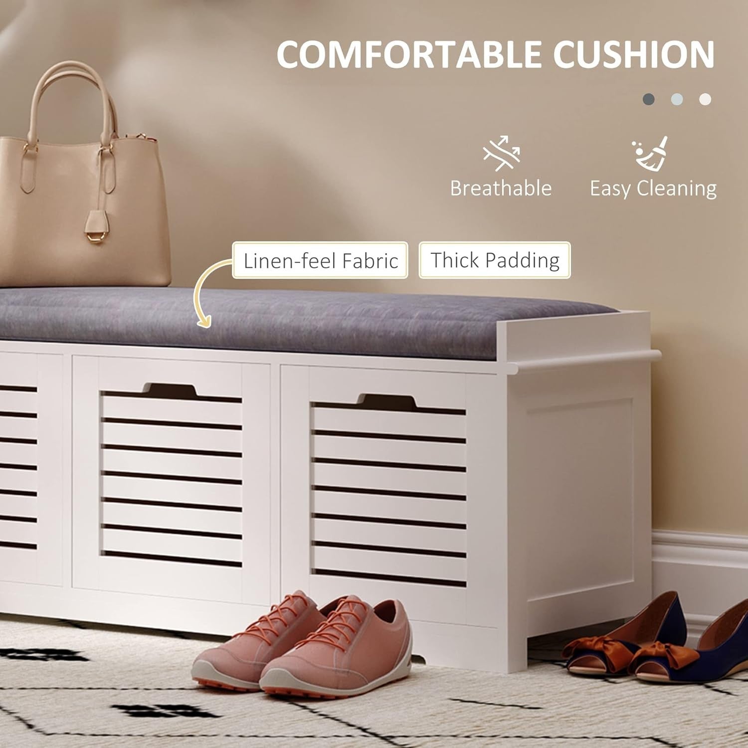 Shoe Storage Bench with 3 Drawers & Removable Cushion – Grey Hallway Seat