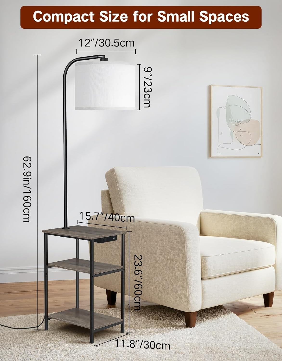 Floor Lamp with Table & Remote, Dimmable LED, USB Charging, Grey