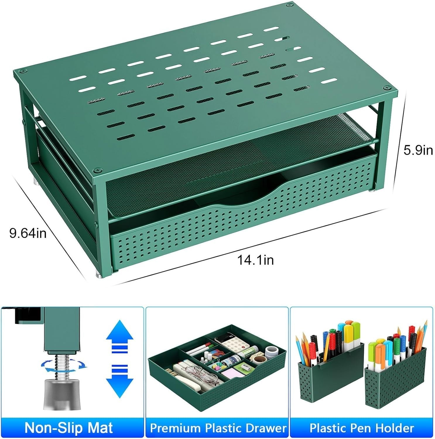 Monitor Stand with Drawer & Pen Holders Desktop Organizer Green