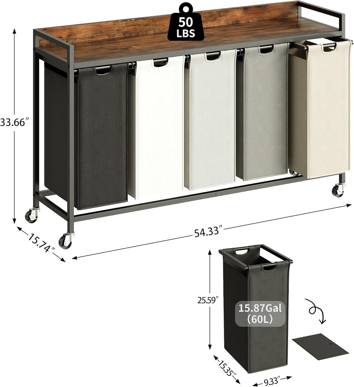 5 Section Laundry Basket with Shelf Rustic Brown 300L Removable Bags Wheels