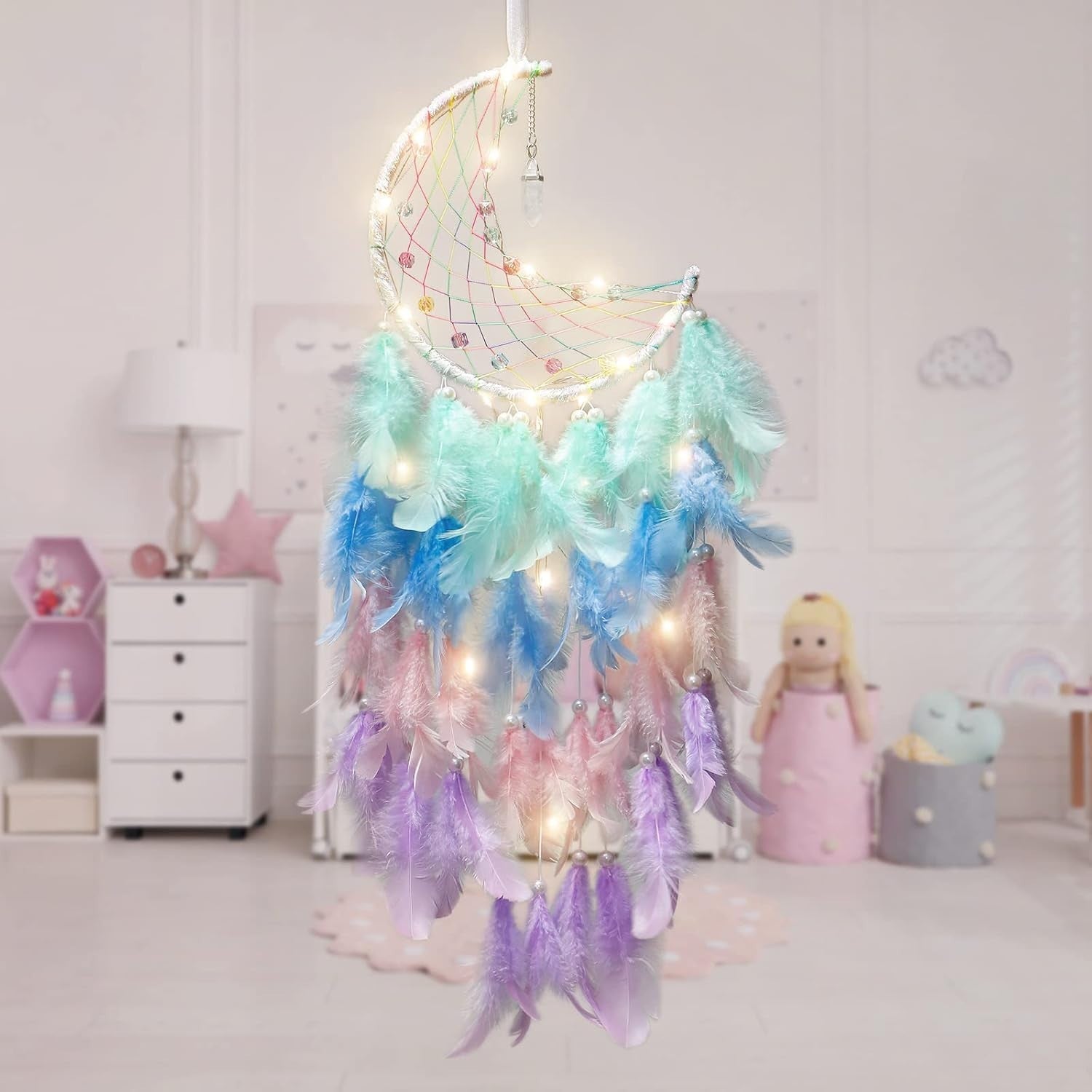 Boho Moon Dream Catcher Rainbow Feathers Fairy Lights Wall Decor