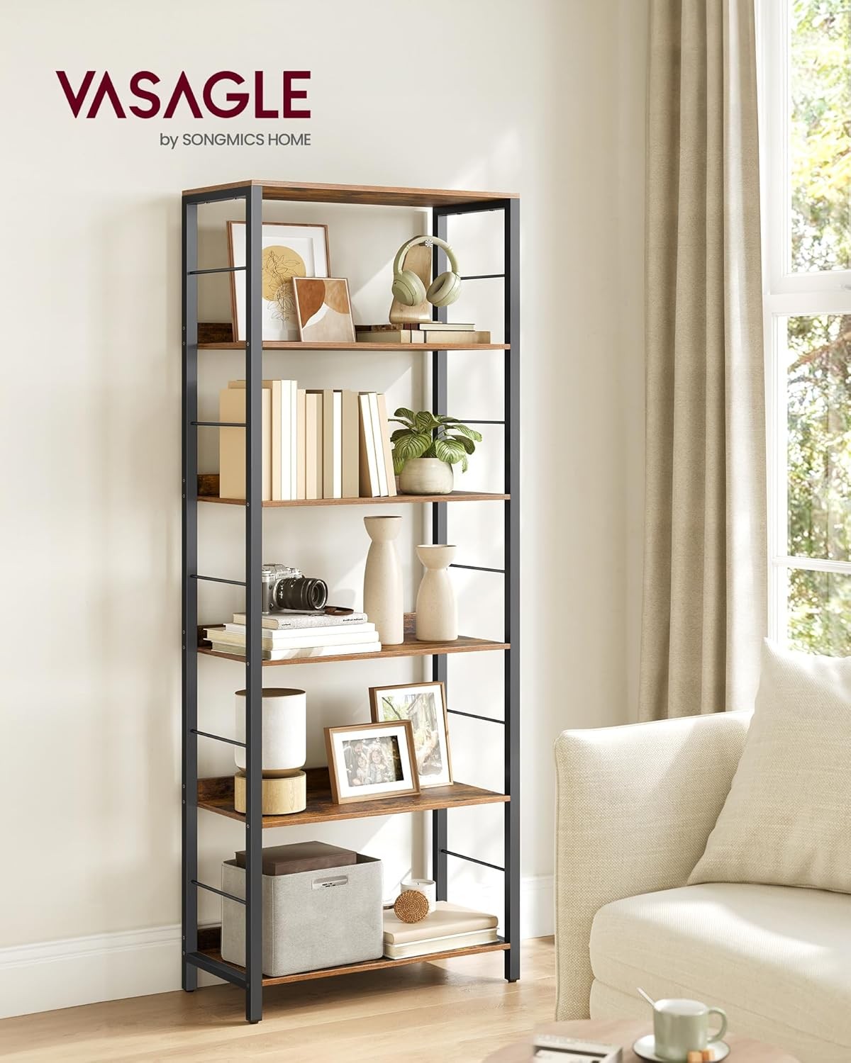 6-Tier Industrial Bookshelf Unit | Tall Rustic Storage Shelving for Home Office